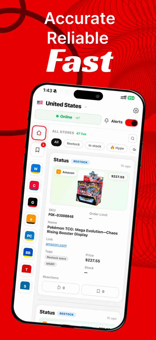 Pingr App Store screenshot — accurate, reliable, fast: live restock feed with buy links
