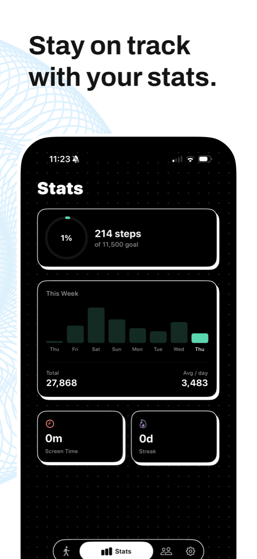 Stepsy App Store screenshot — stay on track with weekly step stats