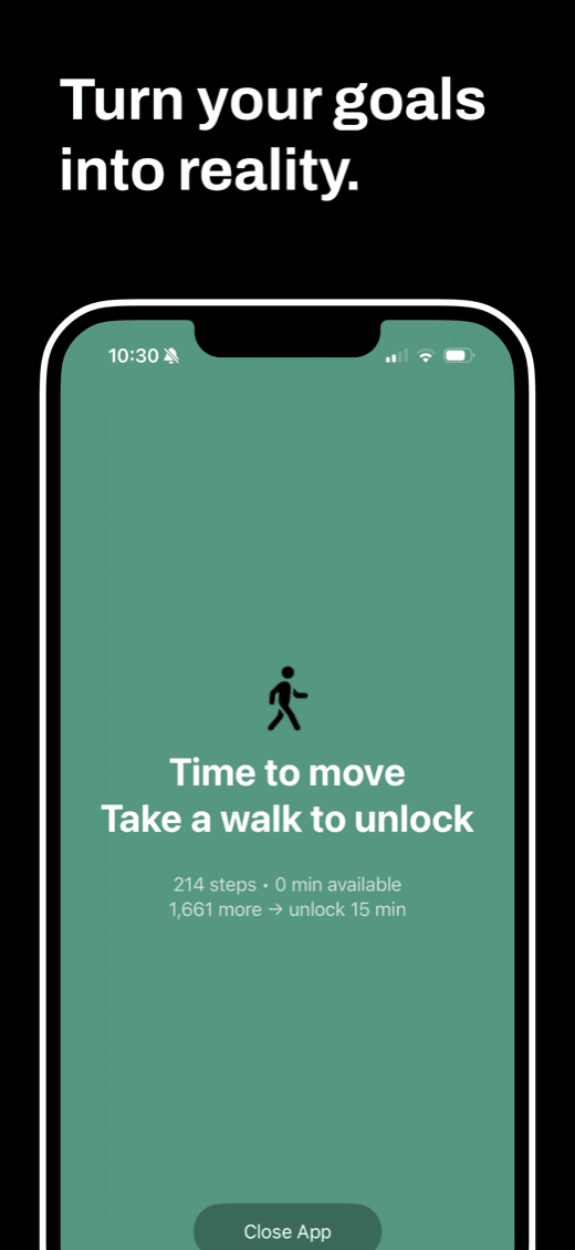 Stepsy App Store screenshot — time to move: take a walk to unlock